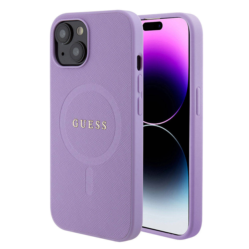 Apple iPhone 15 Kılıf Guess Orjinal Lisanslı M-safe Şarj Özellikli Yazı Logolu Saffiano Kapak Mor