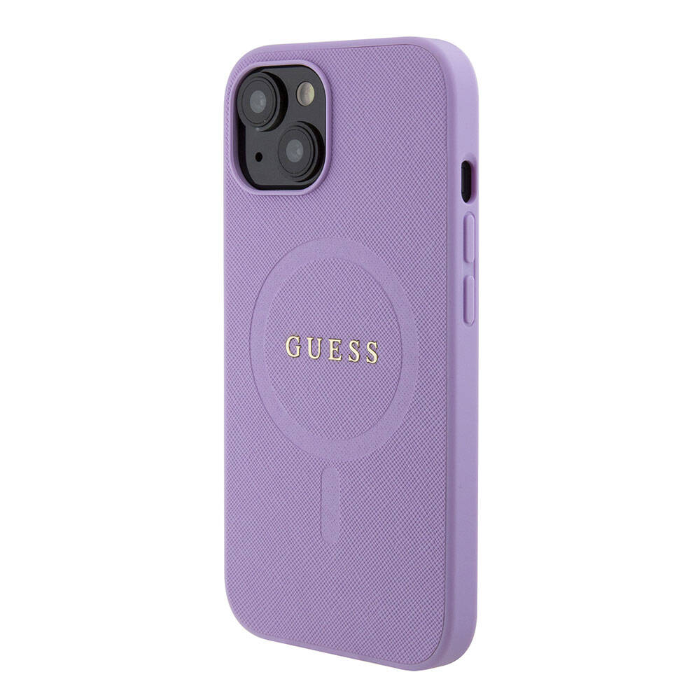 Apple iPhone 15 Kılıf Guess Orjinal Lisanslı M-safe Şarj Özellikli Yazı Logolu Saffiano Kapak Mor