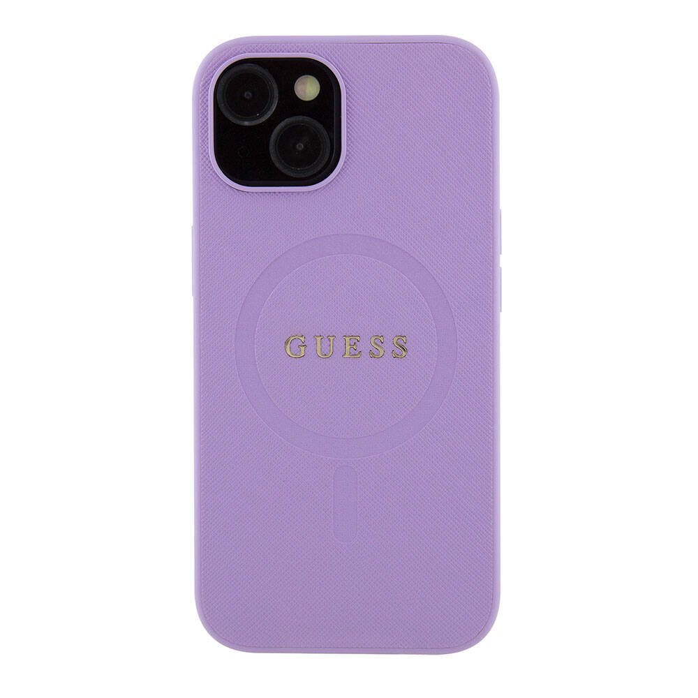 Apple iPhone 15 Kılıf Guess Orjinal Lisanslı M-safe Şarj Özellikli Yazı Logolu Saffiano Kapak Mor