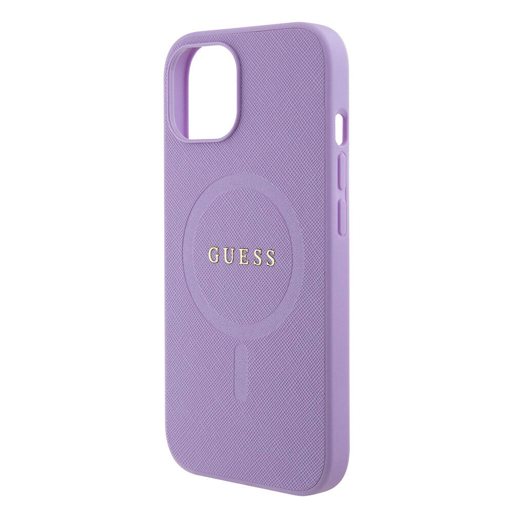 Apple iPhone 15 Kılıf Guess Orjinal Lisanslı M-safe Şarj Özellikli Yazı Logolu Saffiano Kapak Mor
