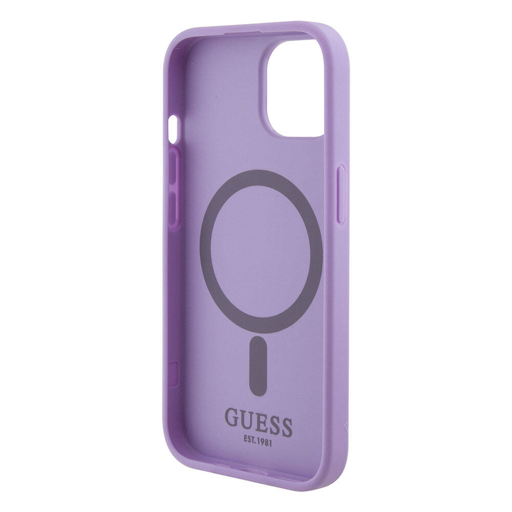 Apple iPhone 15 Kılıf Guess Orjinal Lisanslı M-safe Şarj Özellikli Yazı Logolu Saffiano Kapak Mor