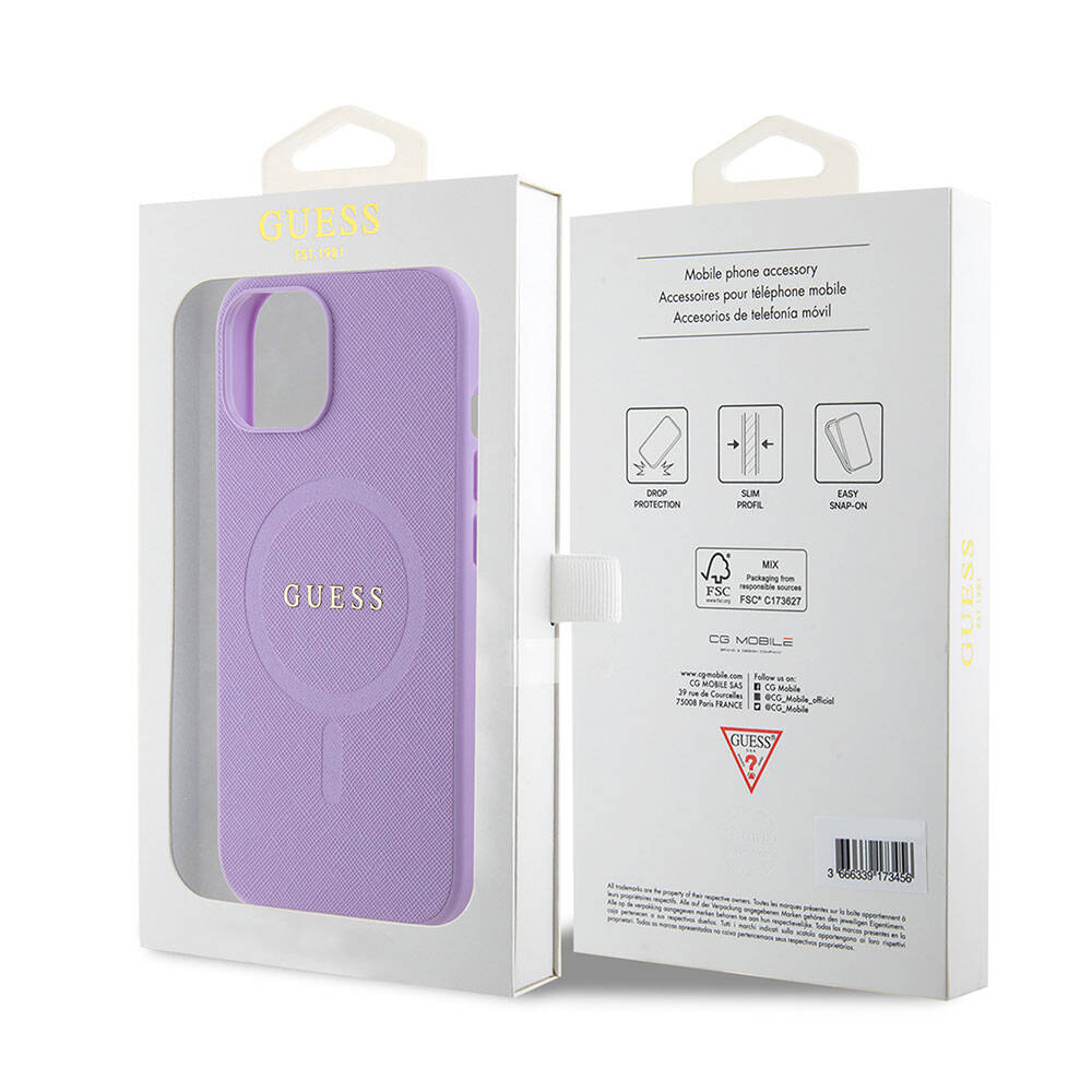Apple iPhone 15 Kılıf Guess Orjinal Lisanslı M-safe Şarj Özellikli Yazı Logolu Saffiano Kapak Mor