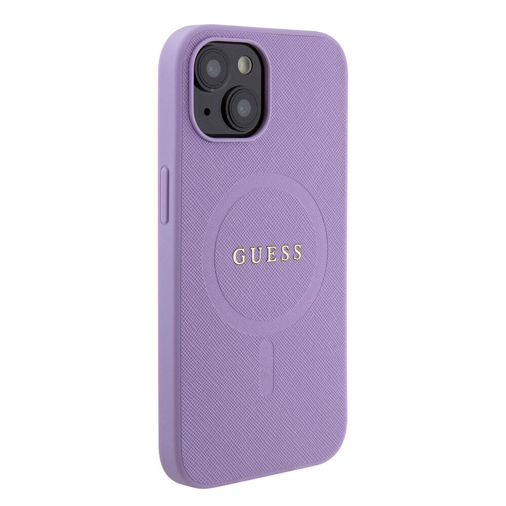 Apple iPhone 15 Kılıf Guess Orjinal Lisanslı M-safe Şarj Özellikli Yazı Logolu Saffiano Kapak Mor