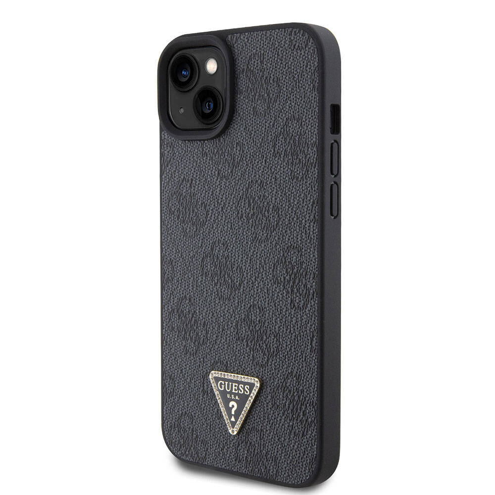 Apple iPhone 15 Kılıf Guess Orjinal Lisanslı PU Deri Askılı Taşlı Üçgen Logo 4G Desenli Strass Crossbody Kapak Kahverengi
