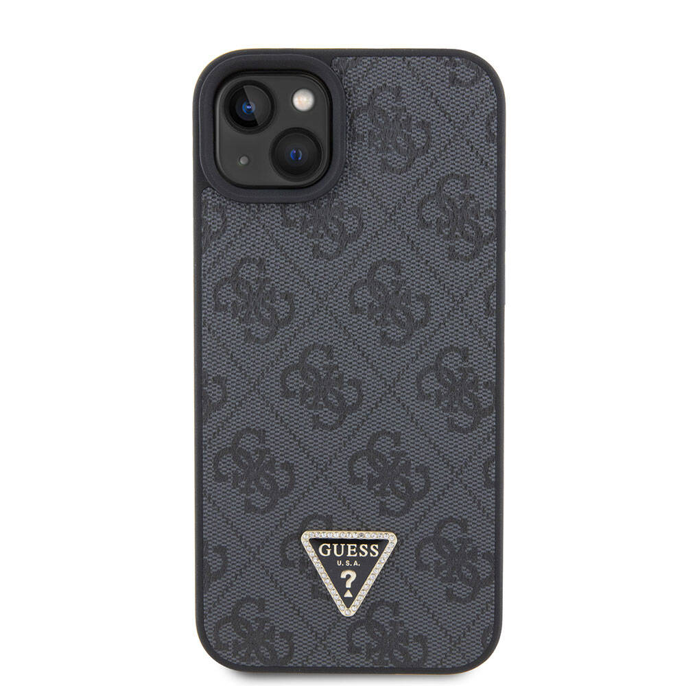 Apple iPhone 15 Kılıf Guess Orjinal Lisanslı PU Deri Askılı Taşlı Üçgen Logo 4G Desenli Strass Crossbody Kapak Siyah