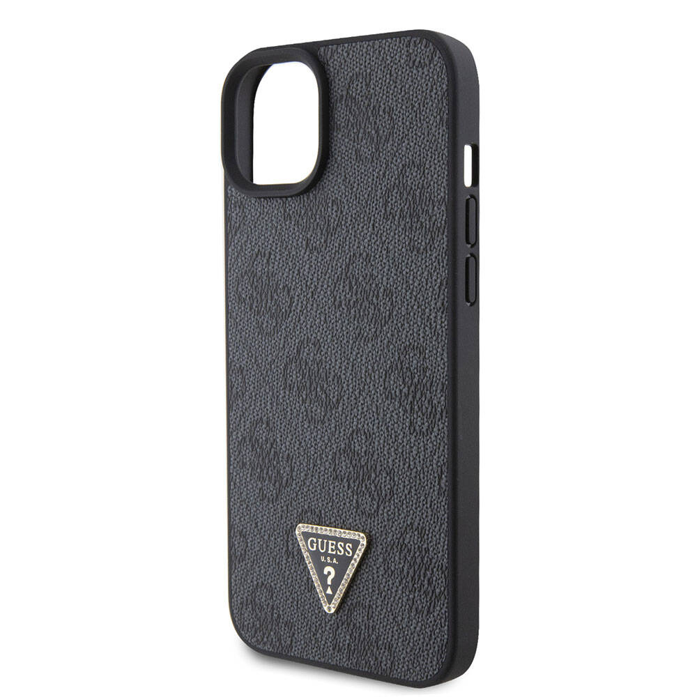 Apple iPhone 15 Kılıf Guess Orjinal Lisanslı PU Deri Askılı Taşlı Üçgen Logo 4G Desenli Strass Crossbody Kapak Siyah