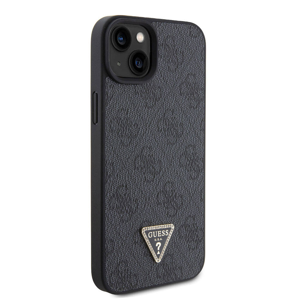 Apple iPhone 15 Kılıf Guess Orjinal Lisanslı PU Deri Askılı Taşlı Üçgen Logo 4G Desenli Strass Crossbody Kapak Siyah