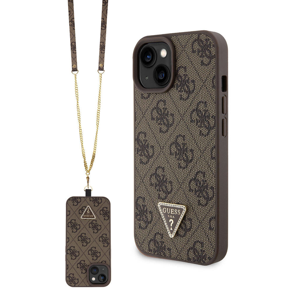 Apple iPhone 15 Kılıf Guess Orjinal Lisanslı PU Deri Askılı Taşlı Üçgen Logo 4G Desenli Strass Crossbody Kapak Kahverengi