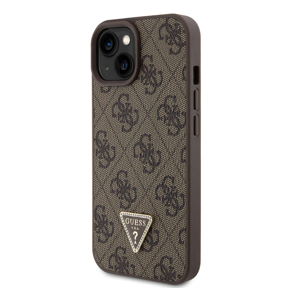 Apple iPhone 15 Kılıf Guess Orjinal Lisanslı PU Deri Askılı Taşlı Üçgen Logo 4G Desenli Strass Crossbody Kapak Kahverengi