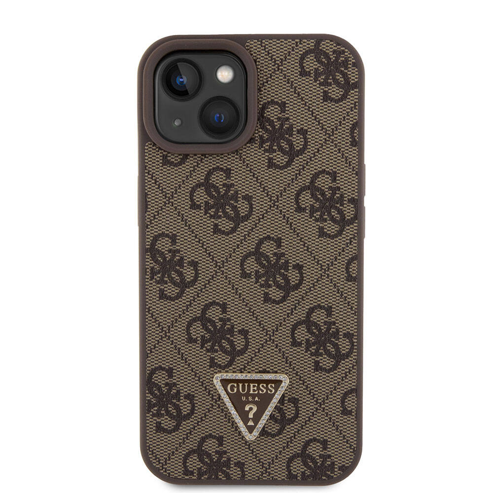 Apple iPhone 15 Kılıf Guess Orjinal Lisanslı PU Deri Askılı Taşlı Üçgen Logo 4G Desenli Strass Crossbody Kapak Kahverengi