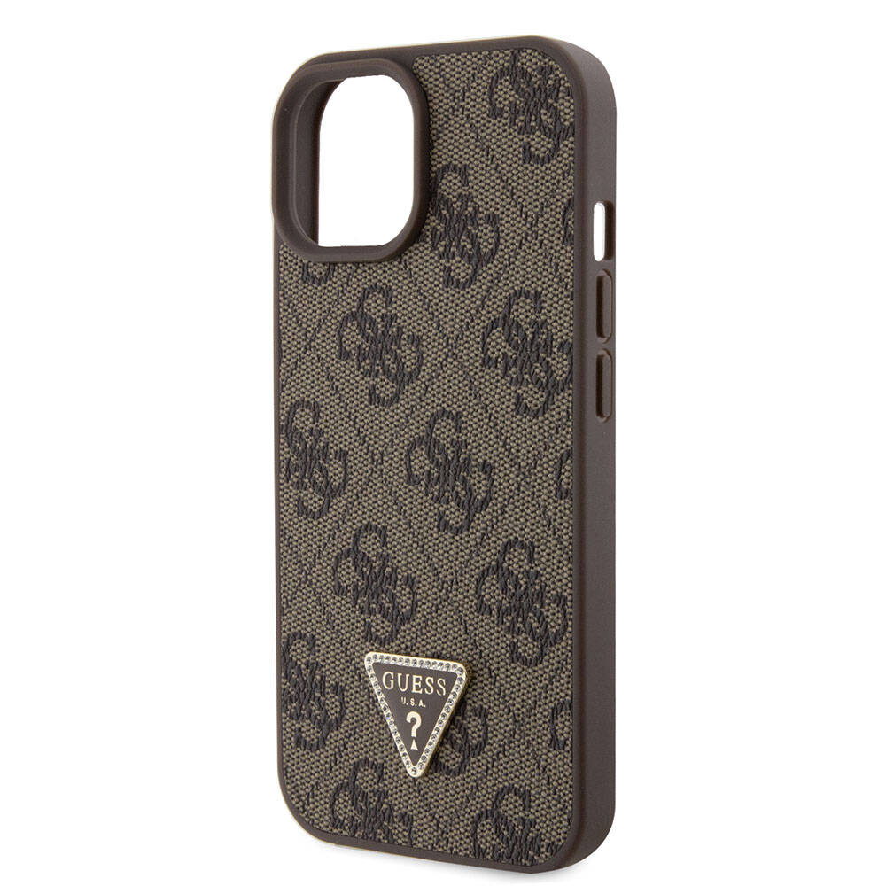 Apple iPhone 15 Kılıf Guess Orjinal Lisanslı PU Deri Askılı Taşlı Üçgen Logo 4G Desenli Strass Crossbody Kapak Siyah