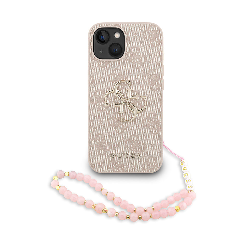Apple iPhone 15 Kılıf Guess Orjinal Lisanslı PU Deri Bilek Askı İpli Metal Büyük 4G ve Yazı Logolu Kapak