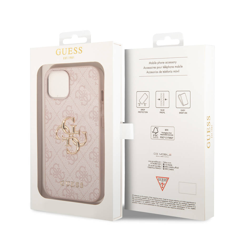 Apple iPhone 15 Kılıf Guess Orjinal Lisanslı PU Deri Yazı ve 4G Metal Logolu Desenli Kapak Kahverengi