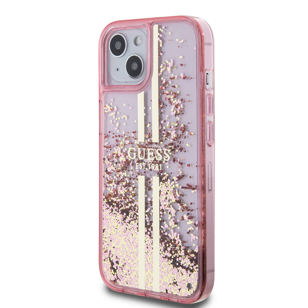 Apple iPhone 15 Kılıf Guess Orjinal Lisanslı Transparan Sıvılı Simli Altın Çizgili Kapak Mor
