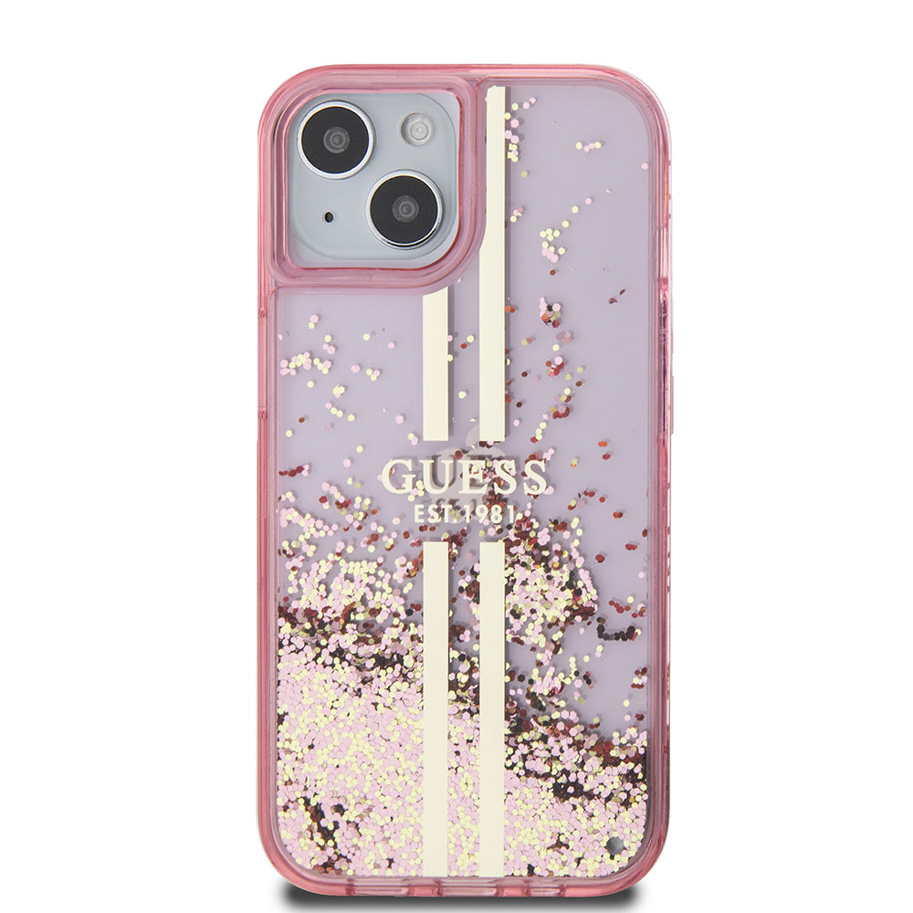 Apple iPhone 15 Kılıf Guess Orjinal Lisanslı Transparan Sıvılı Simli Altın Çizgili Kapak Mor