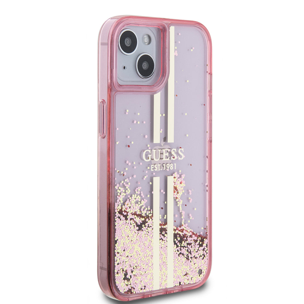 Apple iPhone 15 Kılıf Guess Orjinal Lisanslı Transparan Sıvılı Simli Altın Çizgili Kapak Mor