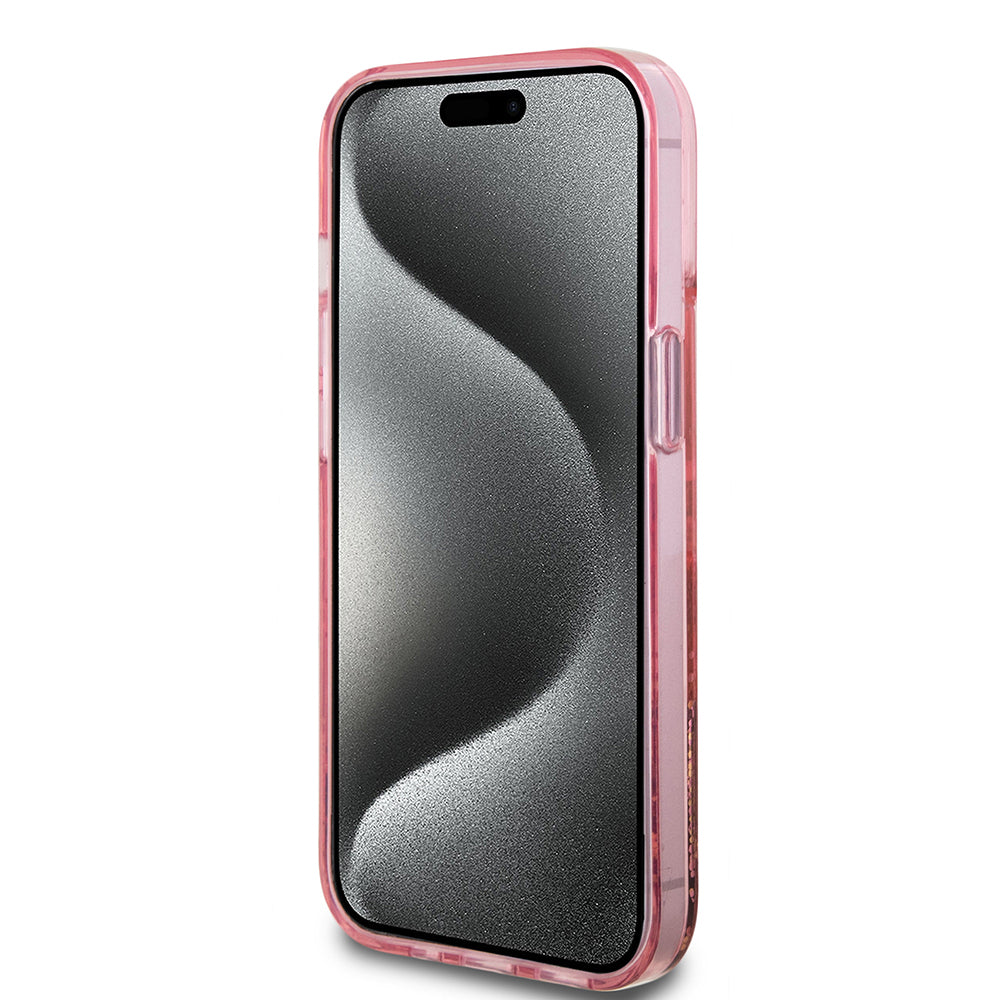 Apple iPhone 15 Kılıf Guess Orjinal Lisanslı Transparan Sıvılı Simli Altın Çizgili Kapak Mor