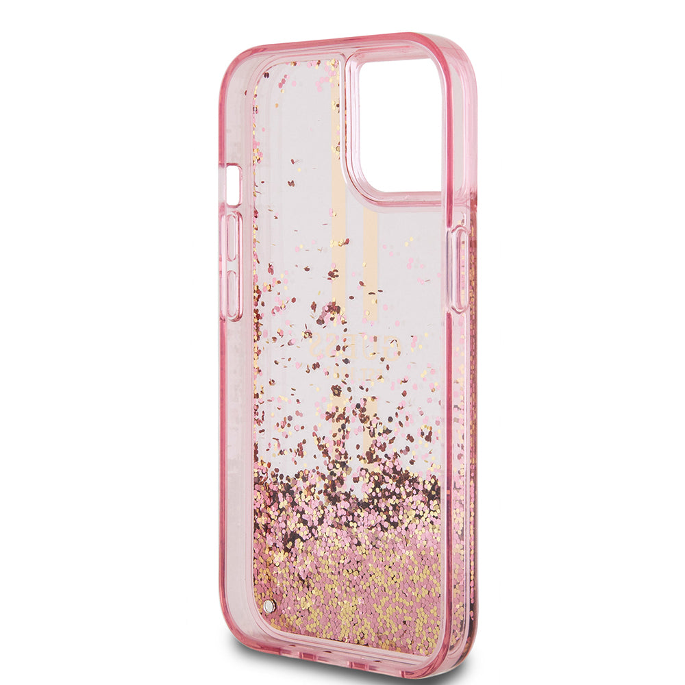 Apple iPhone 15 Kılıf Guess Orjinal Lisanslı Transparan Sıvılı Simli Altın Çizgili Kapak Mor