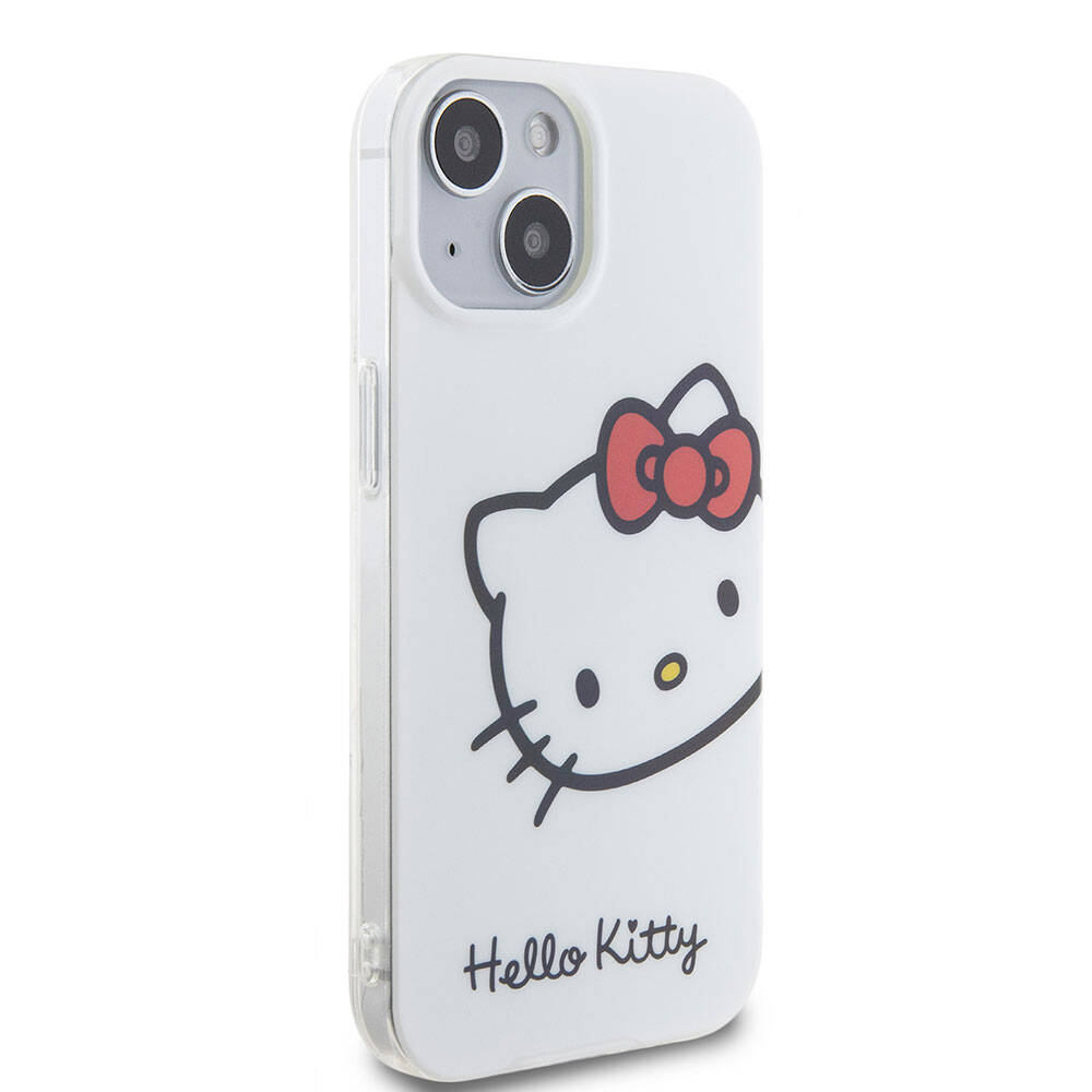 Apple iPhone 15 Kılıf Hello Kitty Orjinal Lisanslı Yazı ve İkonik Logolu Kitty Head Kapak Beyaz