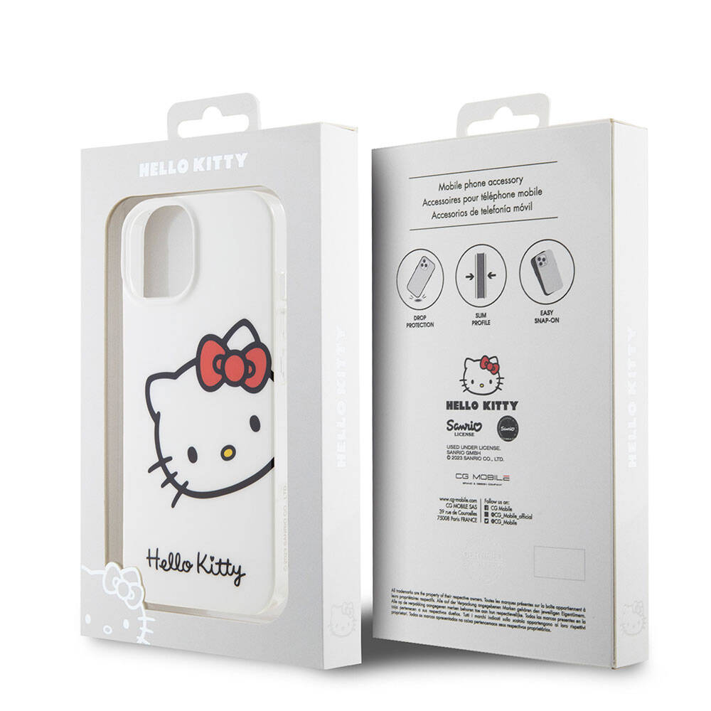 Apple iPhone 15 Kılıf Hello Kitty Orjinal Lisanslı Yazı ve İkonik Logolu Kitty Head Kapak Beyaz