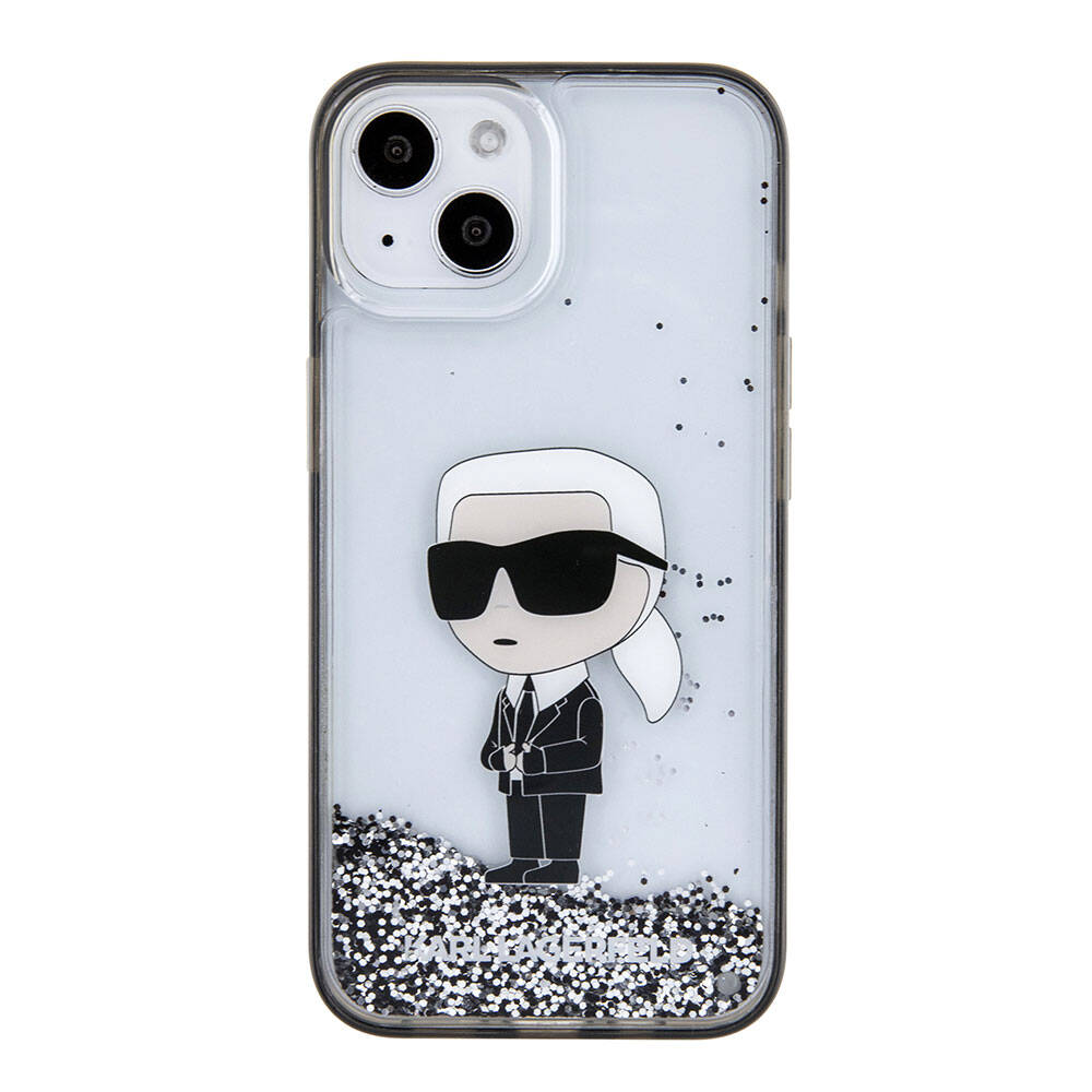 Apple iPhone 15 Kılıf Karl Lagerfeld İkonik Sıvılı Glitter Orjinal Lisanslı Kapak Renksiz