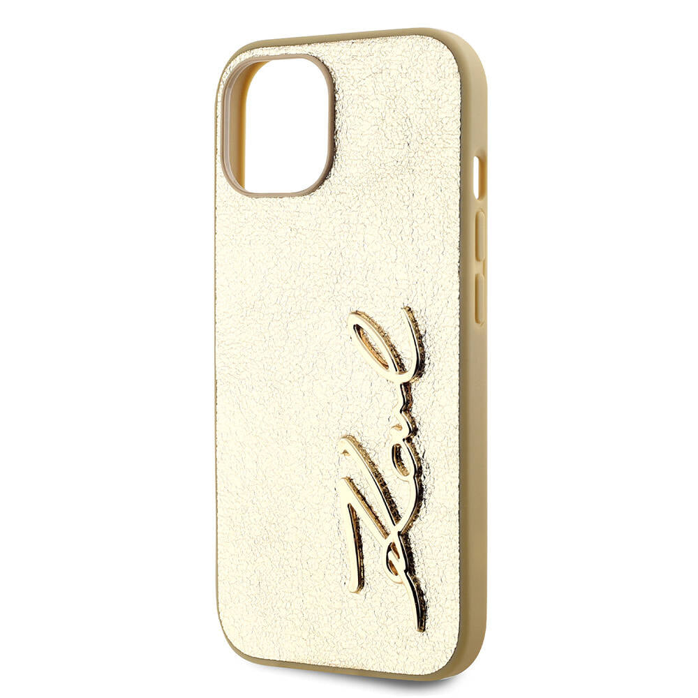 Apple iPhone 15 Kılıf Karl Lagerfeld Orjinal Lisanslı 3D KL Yazılı Tüylü Arka Yüzey Saffiano Rhinestones Kapak Gold