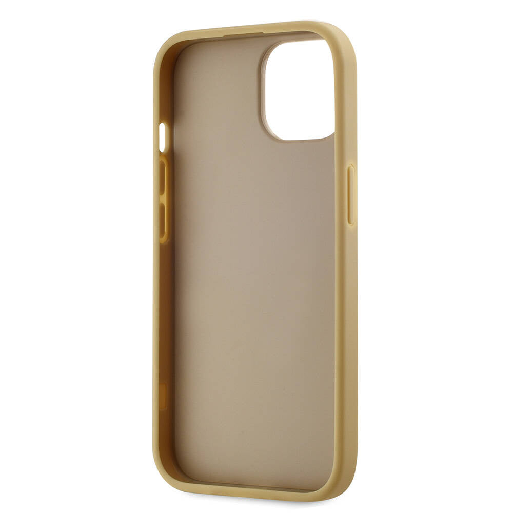 Apple iPhone 15 Kılıf Karl Lagerfeld Orjinal Lisanslı 3D KL Yazılı Tüylü Arka Yüzey Saffiano Rhinestones Kapak Gold