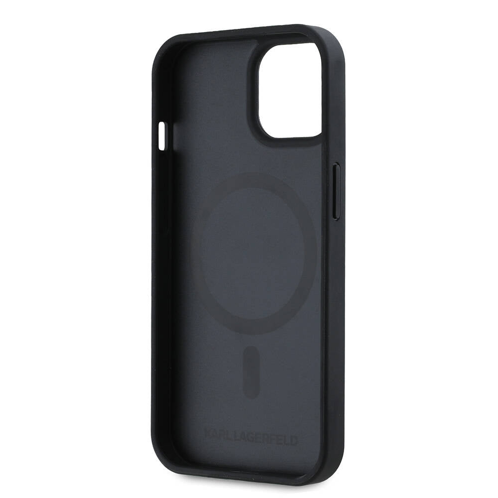 Apple iPhone 15 Kılıf Karl Lagerfeld Orjinal Lisanslı M-safe Şarj Özellikli KL Yazılı Hot Stamp Kapak Siyah