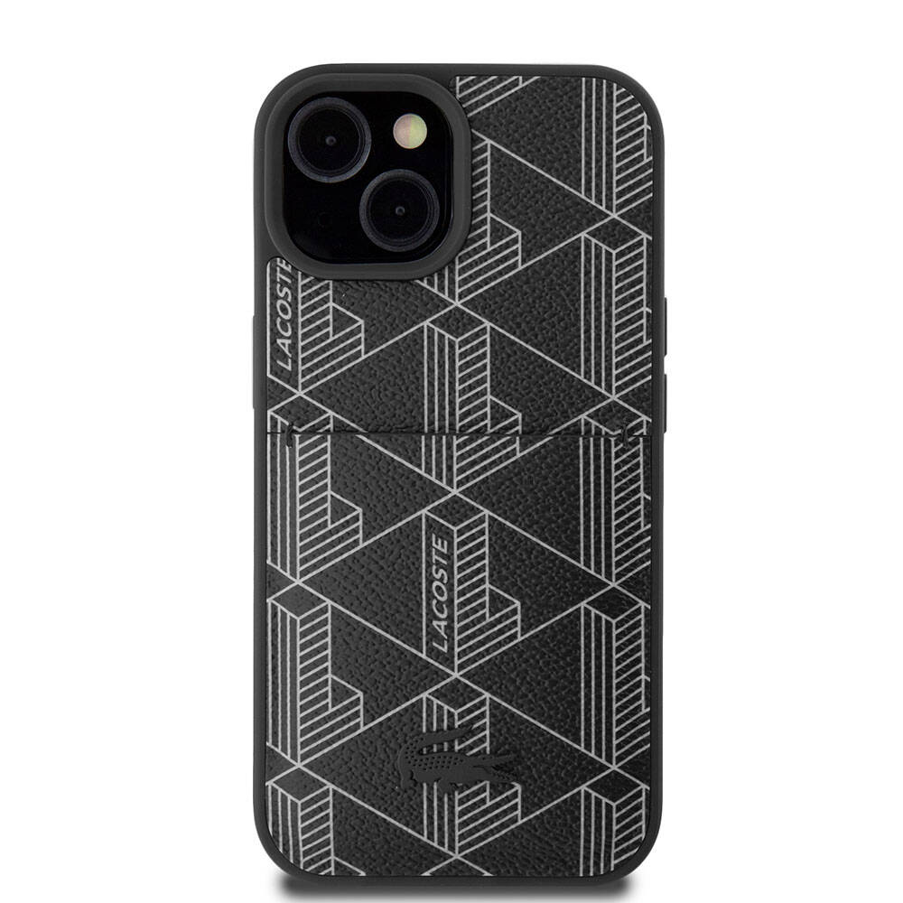 Apple iPhone 15 Kılıf Lacoste Orjinal Lisanslı M-safe Şarj Özellikli PU Deri Görünümlü Kartlıklı Karışık Monogram Desenli Kapak Siyah