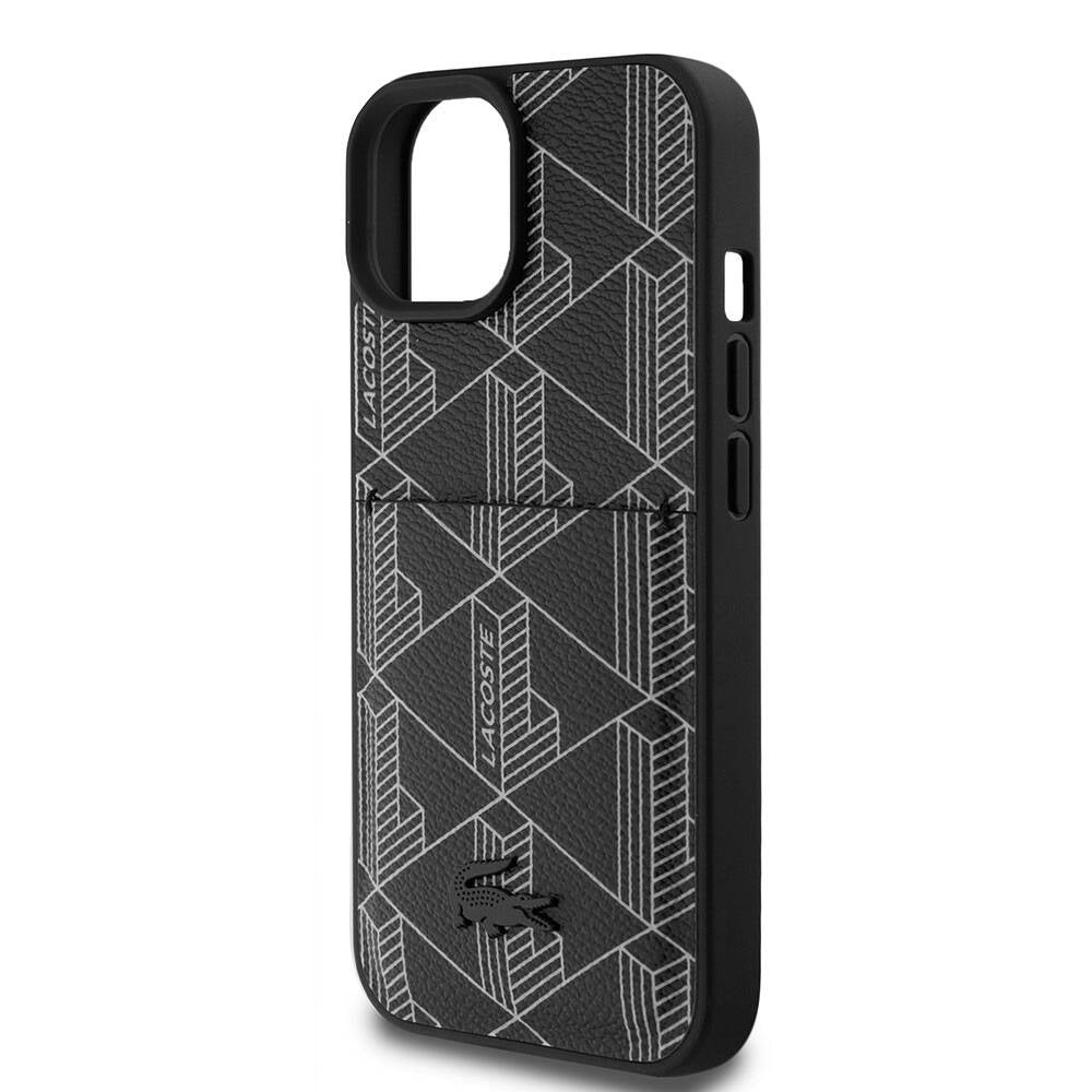 Apple iPhone 15 Kılıf Lacoste Orjinal Lisanslı M-safe Şarj Özellikli PU Deri Görünümlü Kartlıklı Karışık Monogram Desenli Kapak Lacivert
