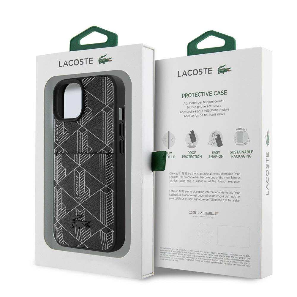 Apple iPhone 15 Kılıf Lacoste Orjinal Lisanslı M-safe Şarj Özellikli PU Deri Görünümlü Kartlıklı Karışık Monogram Desenli Kapak Lacivert