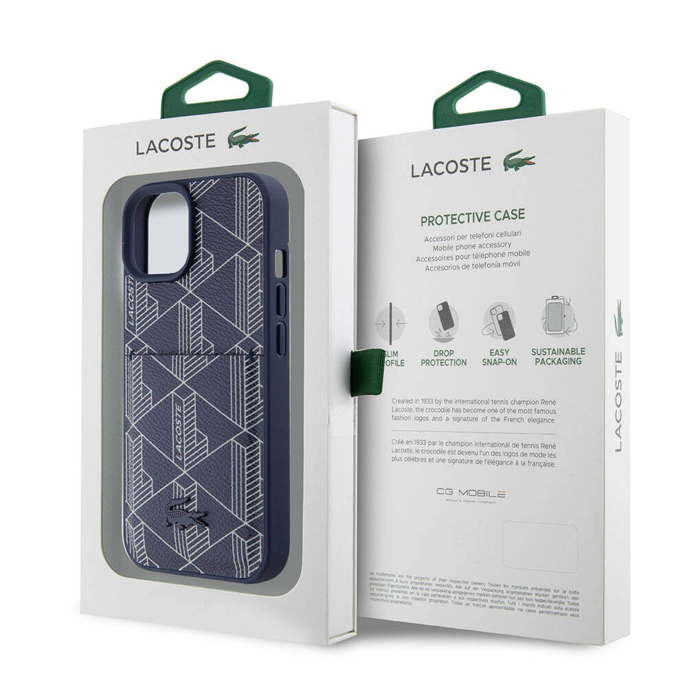 Apple iPhone 15 Kılıf Lacoste Orjinal Lisanslı M-safe Şarj Özellikli PU Deri Görünümlü Kartlıklı Karışık Monogram Desenli Kapak Siyah