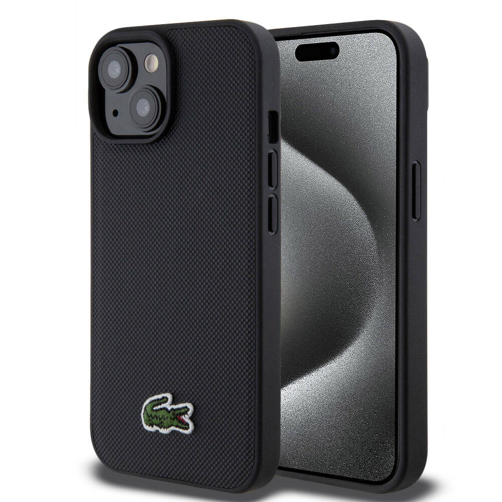 Apple iPhone 15 Kılıf Lacoste Orjinal Lisanslı PU Pike Desenli Arka Yüzey İkonik Timsah Dokuma Logolu Kapak Siyah