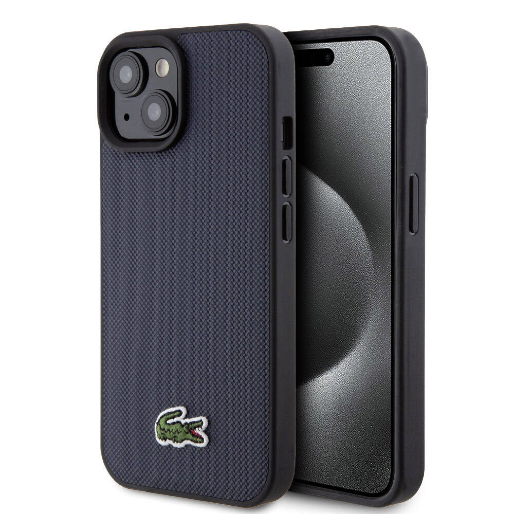 Apple iPhone 15 Kılıf Lacoste Orjinal Lisanslı PU Pike Desenli Arka Yüzey İkonik Timsah Dokuma Logolu Kapak Lacivert