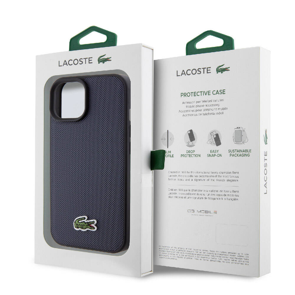 Apple iPhone 15 Kılıf Lacoste Orjinal Lisanslı PU Pike Desenli Arka Yüzey İkonik Timsah Dokuma Logolu Kapak Siyah