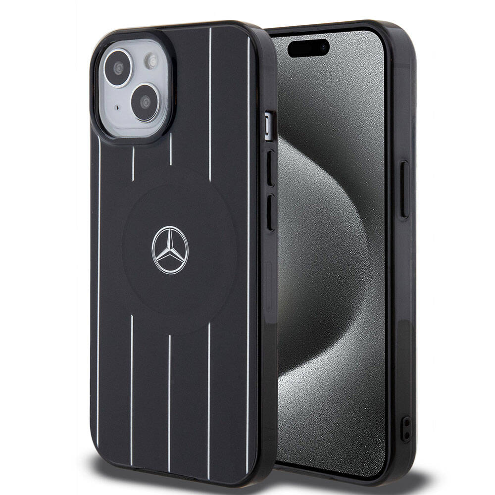Apple iPhone 15 Kılıf Mercedes Benz Orjinal Lisanslı M-safe Şarj Özellikli Çift Katmanlı Paralel Çizgi Desenli Kapak Siyah