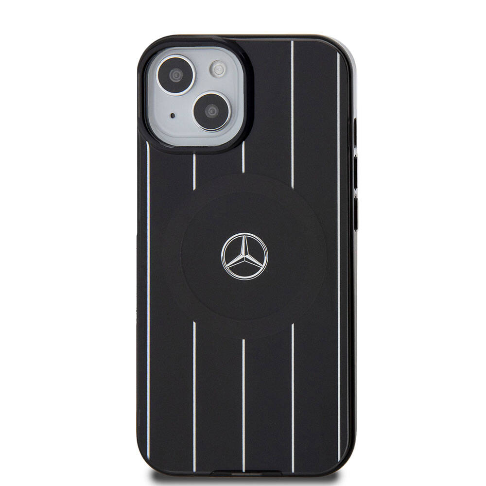 Apple iPhone 15 Kılıf Mercedes Benz Orjinal Lisanslı M-safe Şarj Özellikli Çift Katmanlı Paralel Çizgi Desenli Kapak Siyah
