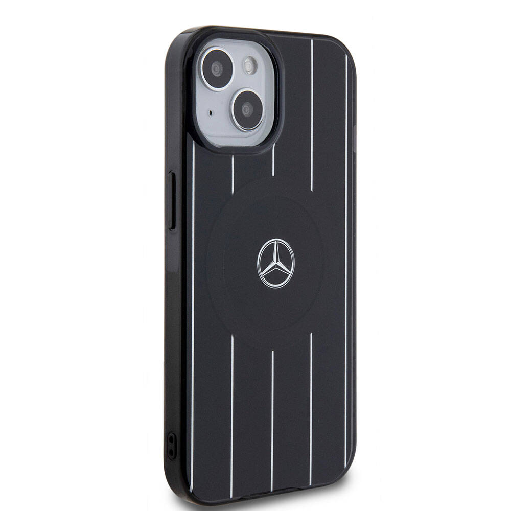Apple iPhone 15 Kılıf Mercedes Benz Orjinal Lisanslı M-safe Şarj Özellikli Çift Katmanlı Paralel Çizgi Desenli Kapak Siyah