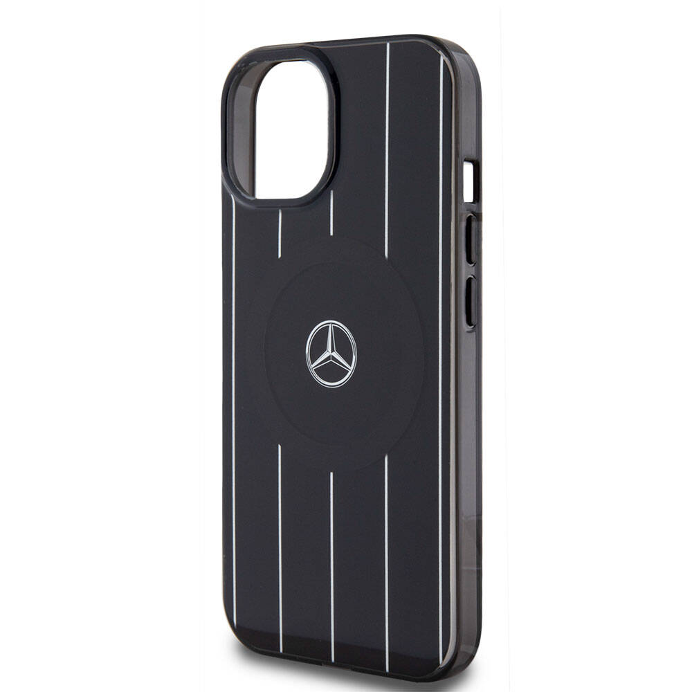 Apple iPhone 15 Kılıf Mercedes Benz Orjinal Lisanslı M-safe Şarj Özellikli Çift Katmanlı Paralel Çizgi Desenli Kapak Siyah