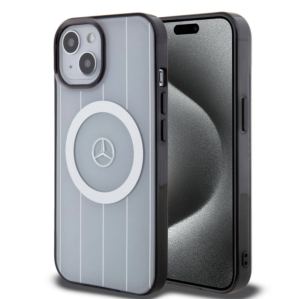 Apple iPhone 15 Kılıf Mercedes Benz Orjinal Lisanslı M-safe Şarj Özellikli Çift Katmanlı Paralel Çizgi Desenli Kapak Siyah