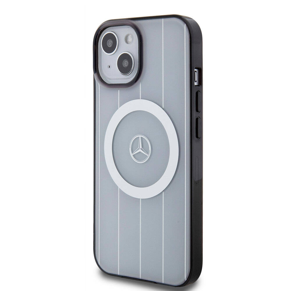 Apple iPhone 15 Kılıf Mercedes Benz Orjinal Lisanslı M-safe Şarj Özellikli Çift Katmanlı Paralel Çizgi Desenli Kapak Siyah