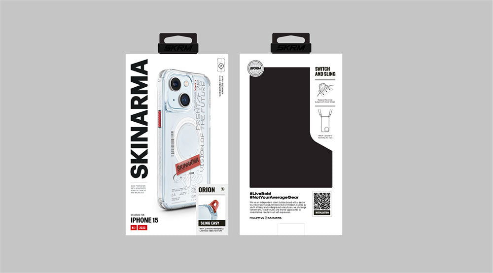 Apple iPhone 15 Kılıf SkinArma M-safe Şarj Özellikli Yazı Desenli Airbag Tasarımlı Orion Kapak Siyah