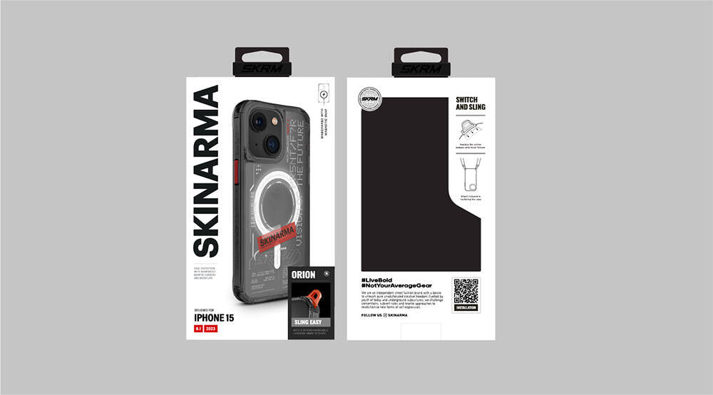 Apple iPhone 15 Kılıf SkinArma M-safe Şarj Özellikli Yazı Desenli Airbag Tasarımlı Orion Kapak Siyah