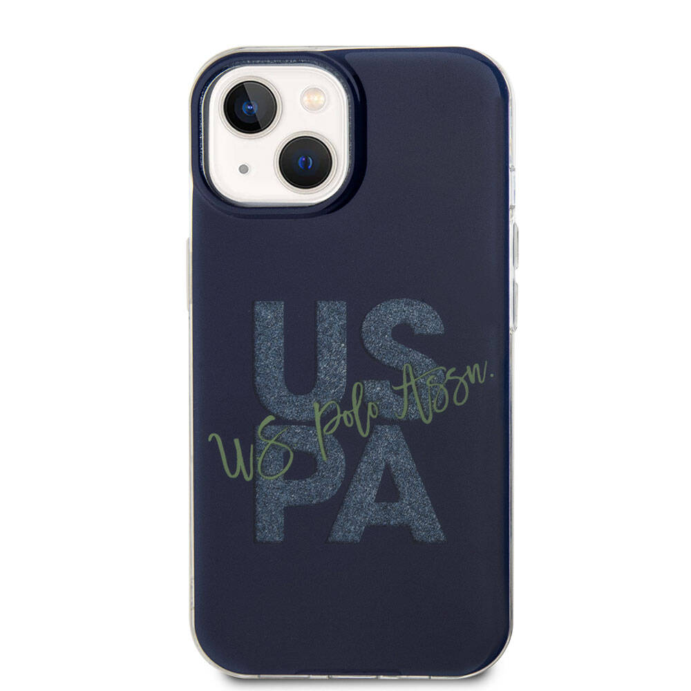 Apple iPhone 15 Kılıf U.S. Polo Assn. Orjinal Lisanslı Simli Parlak Alfabe Tasarım Kapak Lacivert