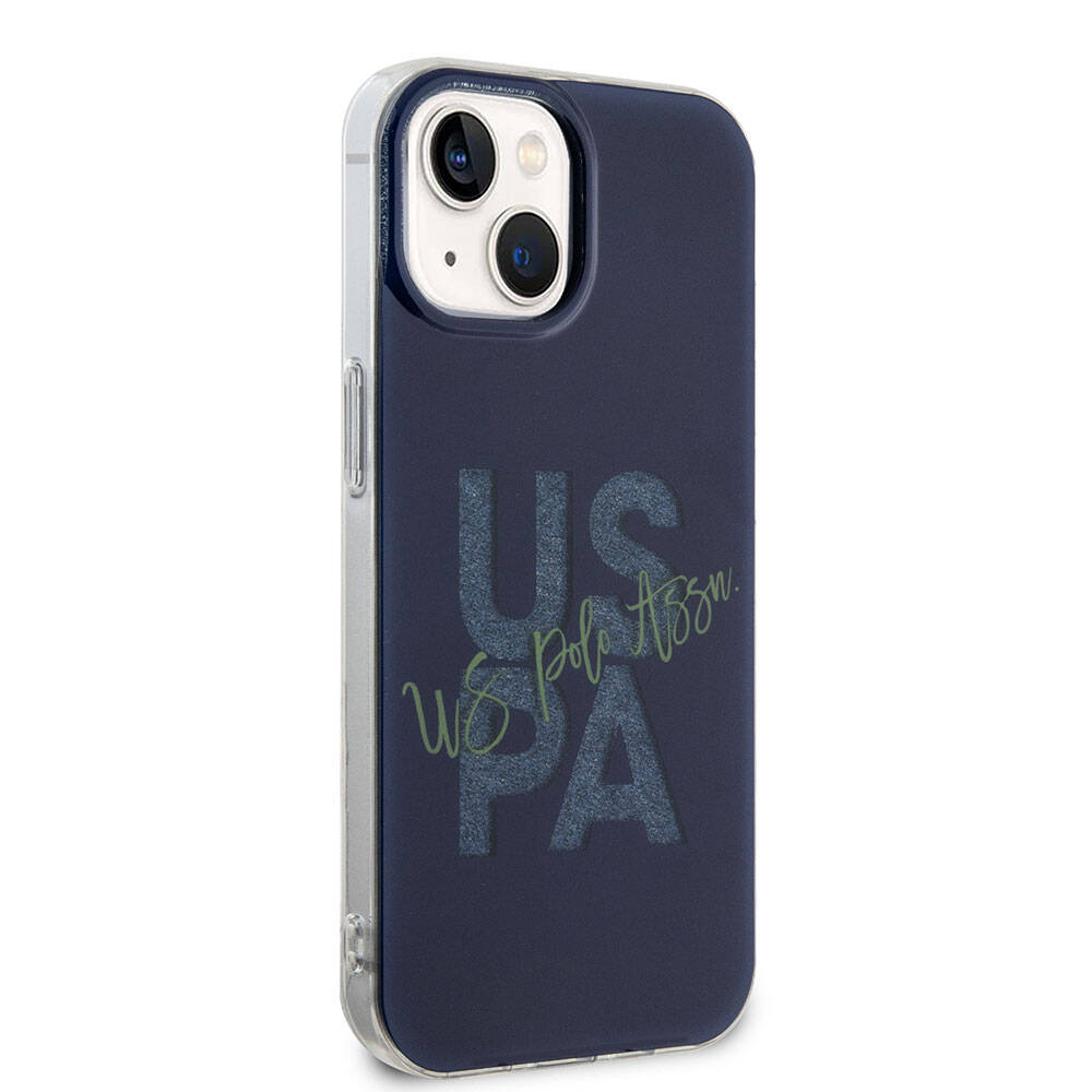 Apple iPhone 15 Kılıf U.S. Polo Assn. Orjinal Lisanslı Simli Parlak Alfabe Tasarım Kapak Mavi