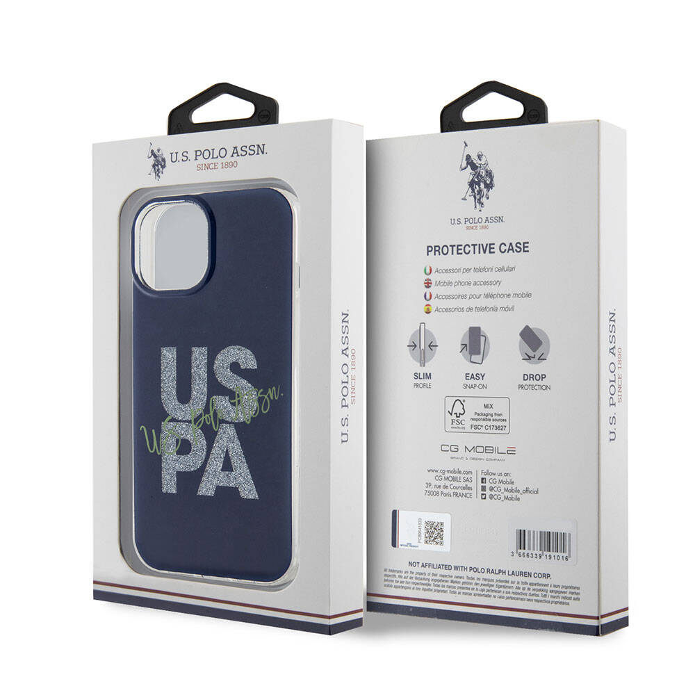 Apple iPhone 15 Kılıf U.S. Polo Assn. Orjinal Lisanslı Simli Parlak Alfabe Tasarım Kapak Mavi