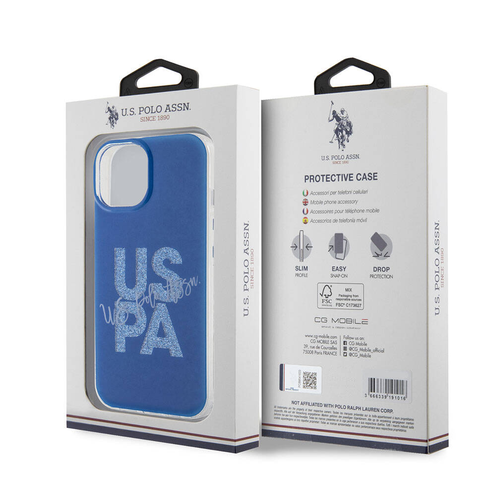 Apple iPhone 15 Kılıf U.S. Polo Assn. Orjinal Lisanslı Simli Parlak Alfabe Tasarım Kapak Mavi