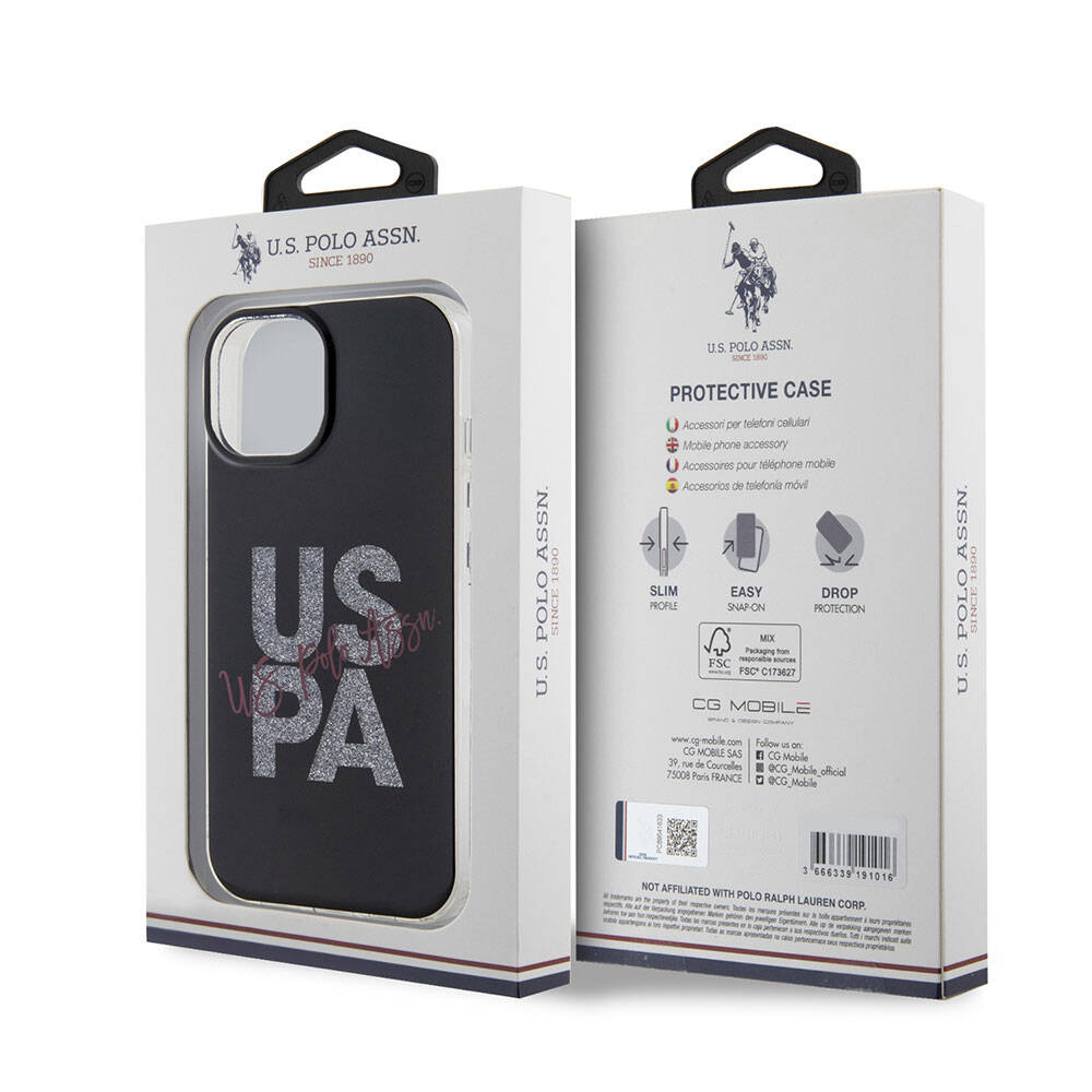 Apple iPhone 15 Kılıf U.S. Polo Assn. Orjinal Lisanslı Simli Parlak Alfabe Tasarım Kapak Mavi