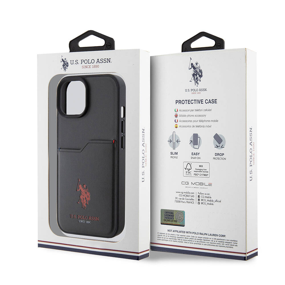 Apple iPhone 15 Kılıf U.S. Polo Assn. Orjinal Lisanslı Baskı Logolu PU Kartlıklı Kapak Siyah