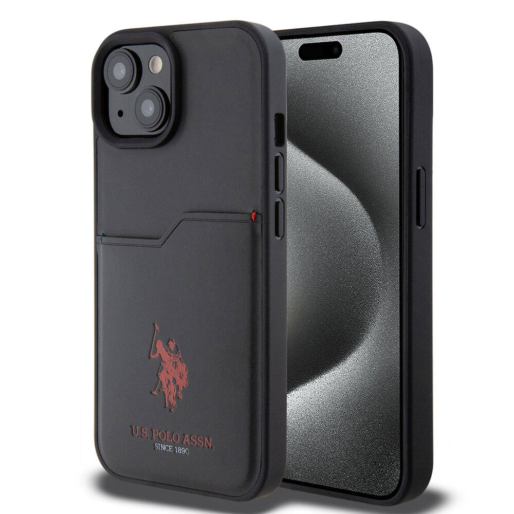 Apple iPhone 15 Kılıf U.S. Polo Assn. Orjinal Lisanslı Baskı Logolu PU Kartlıklı Kapak Siyah